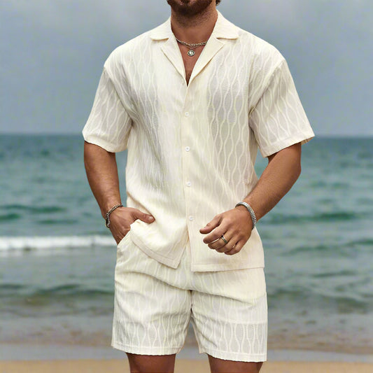 Relaxed-fit casual outfit featuring a lightweight cotton-blend notched-collar shirt and coordinated shorts.