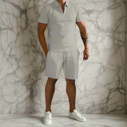 Tailored polo and coordinated shorts set styled for sharp, casual wear.