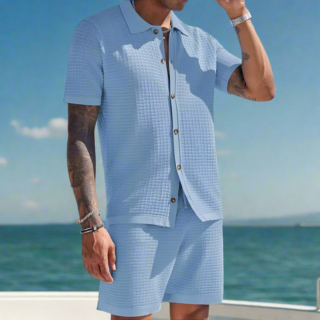 Front view of THE PALMA SET in blue, stylish matching shirt and shorts set for men