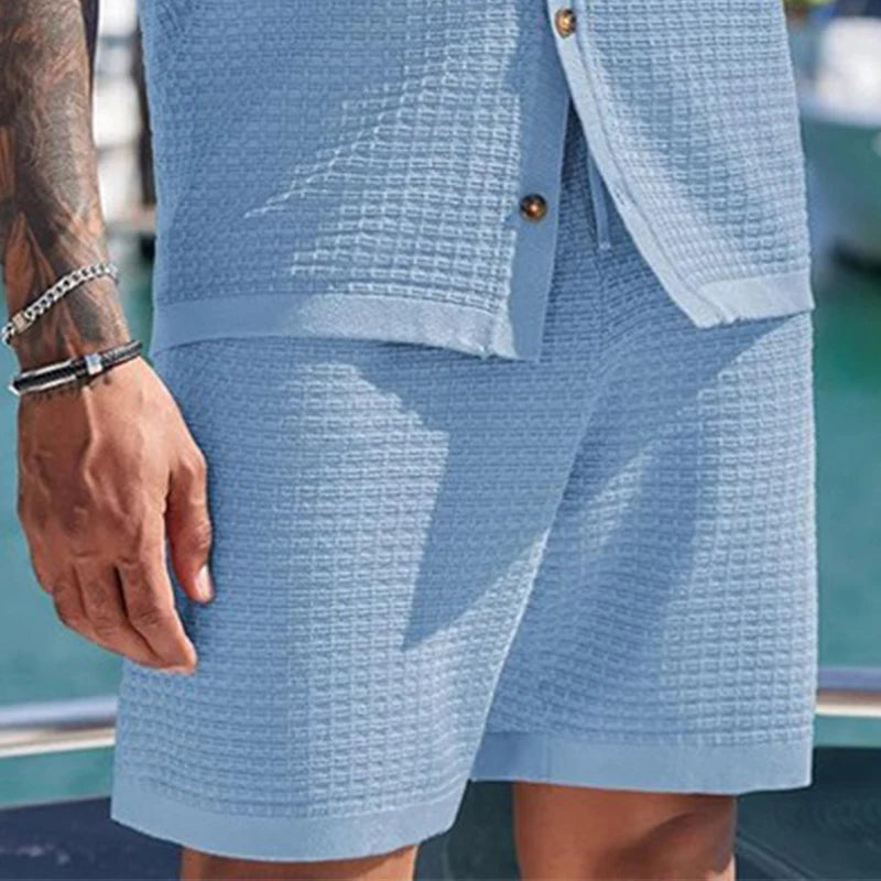 Zoomed-in views highlighting the stitching and material of blue Palma Set