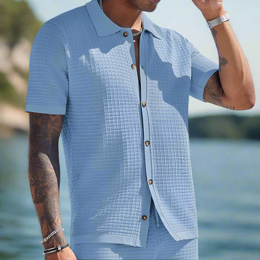 Detailed front close-up of blue Palma Set showing texture and buttons