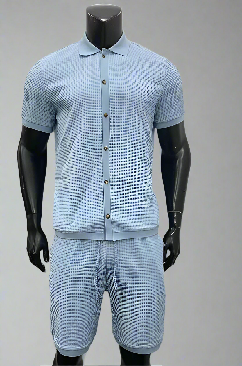 Blue matching shirt and shorts set on mannequin, styled for display
